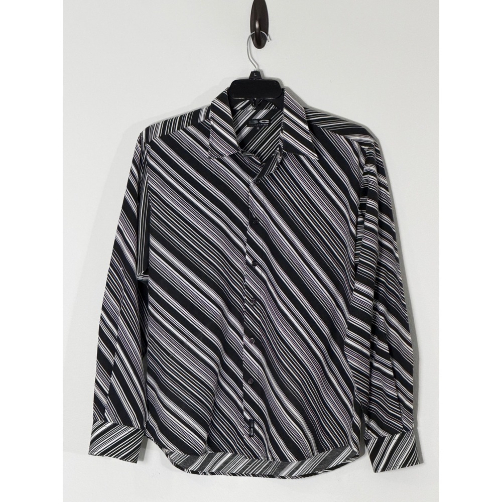 BC Collection Women Black White Diagonal Stripe Button Down Shirt XL Long Sleeve